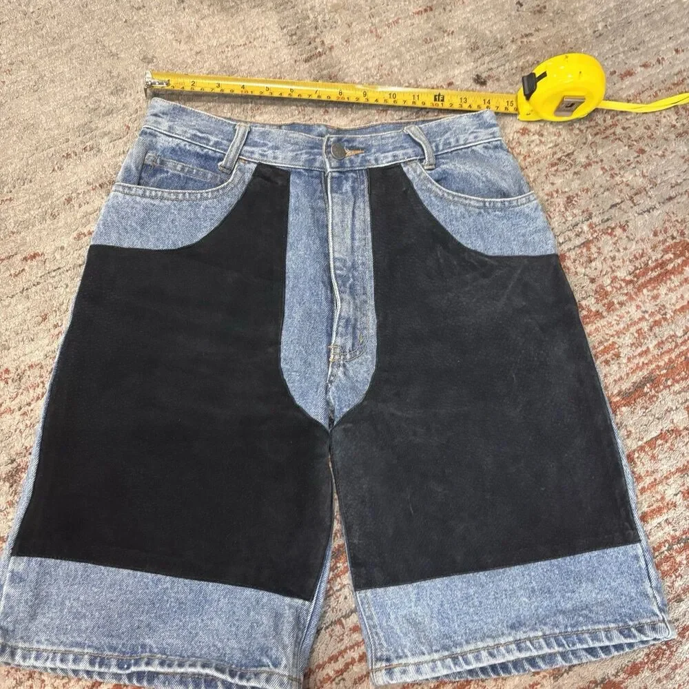 Vintage 90s Servuchi Paris Denim Shorts Black Suede Panel Baggy Size 9/10